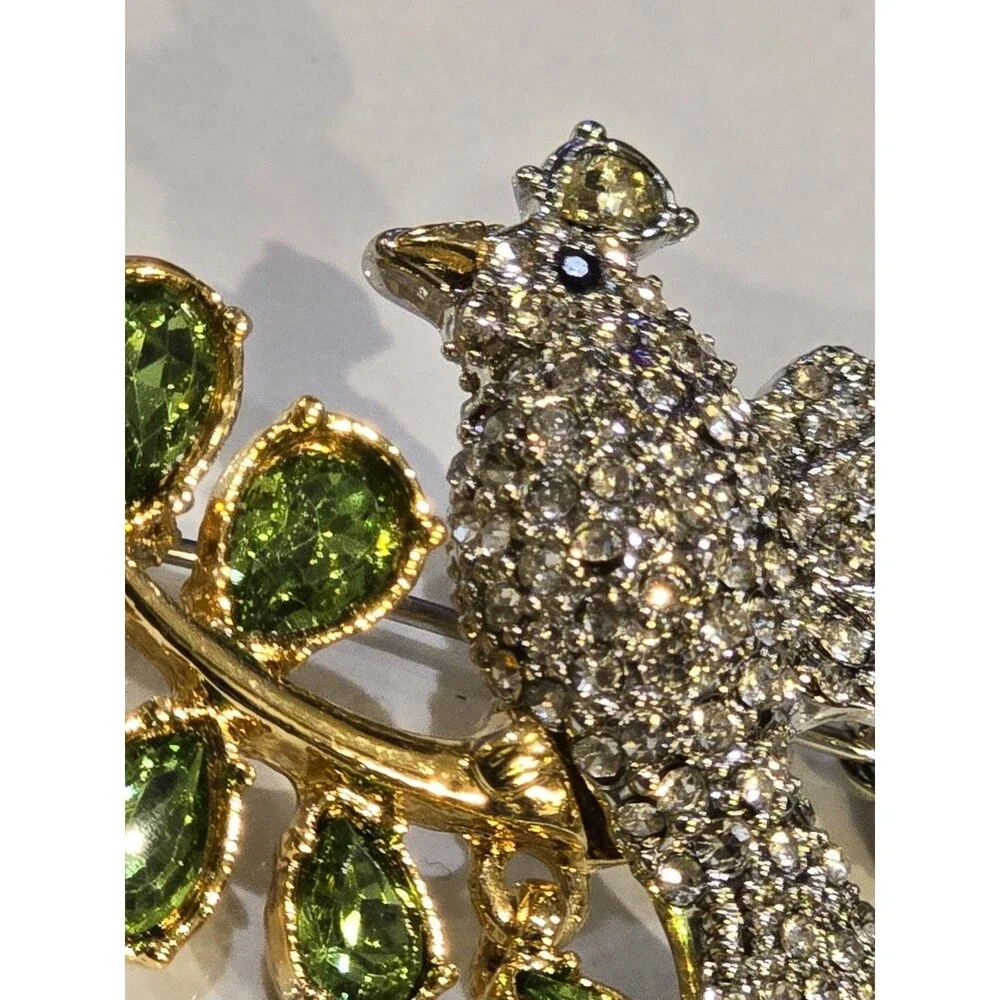 Talbots Jeweled Bird Brooch Rhinestone Green Crystal Branch Pin Figural #1397
